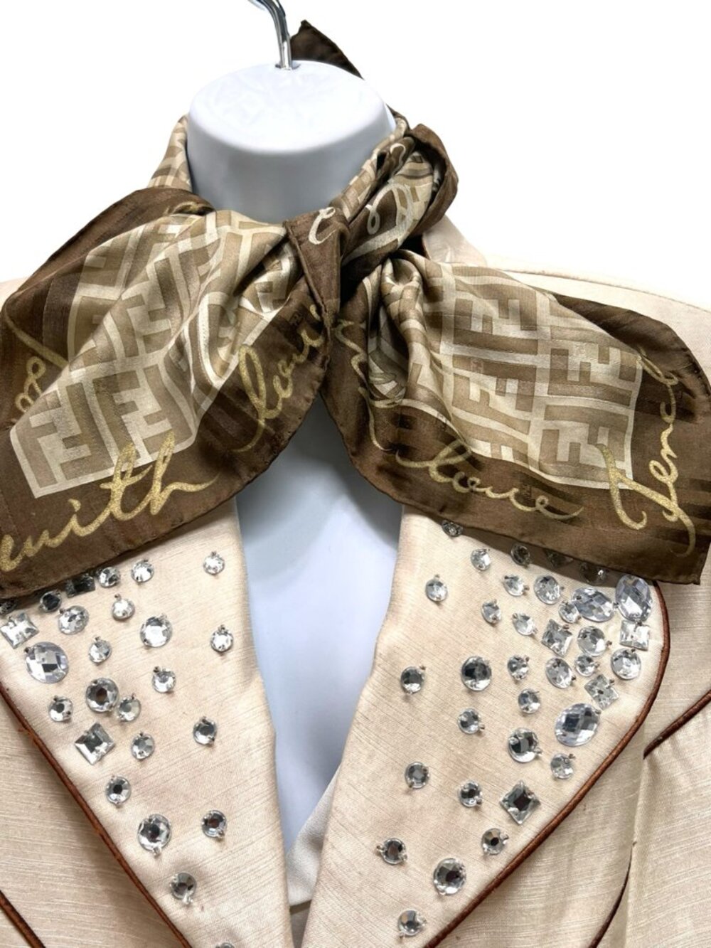 FENDI Zuca Mini Scarf/Bandana Silk 22.5" Beige Brown Logo FF Stiped (35 - Picture 4 of 13